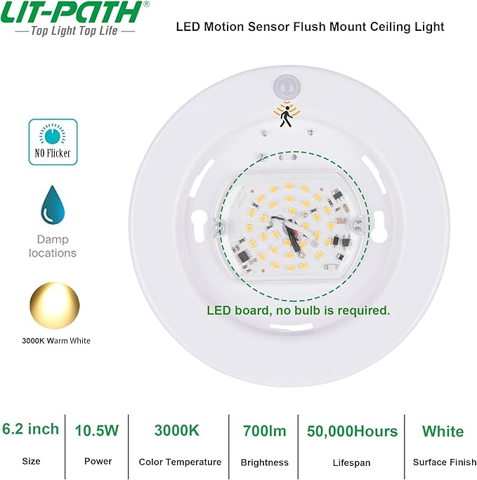 LIT-PaTH LED Flush Mount Ceiling Light, Closet Lighting Fixture with Motion Sensor, 10.5W, 700 Lumen, 6.2 Inch, Anti-Rust Galvanized Housing, White Finish 3000K 1-Pack