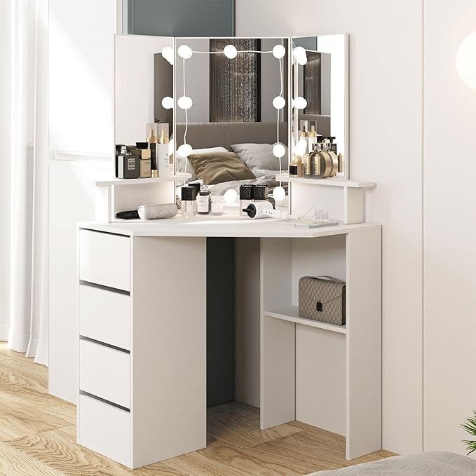Vabches Corner Vanity Desk with Lighted Mirror & Power Strip,White Makeup Vanity Table with Lights,42 inch Corner Vanity Mirror with Lights and 4 Drawer, 3 Lighting Modes, Brightness Adjustable