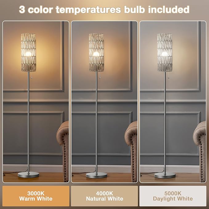 Ambimall 64'' Floor Lamp for Living Room with 3 Color Temperatures Bulb, Boho Grey Standing Lamp with Grey Rattan Shade