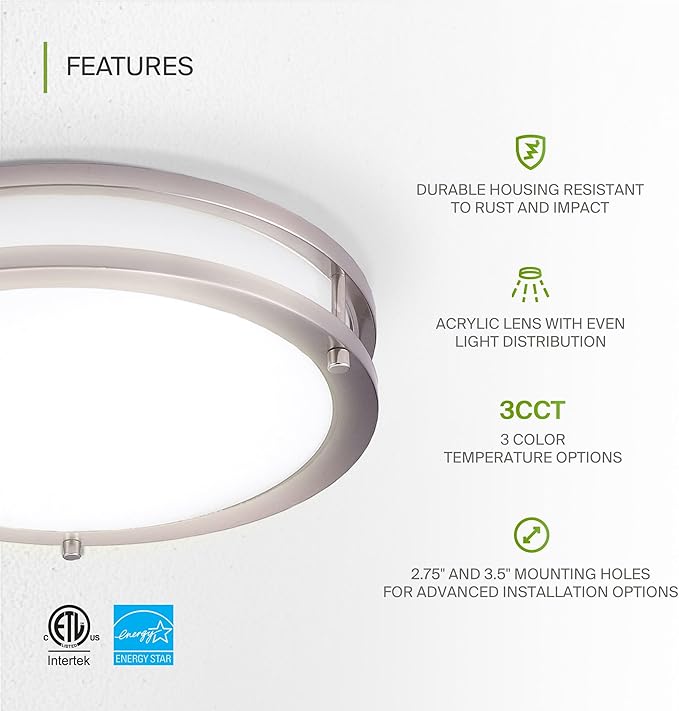 ASD LED 12" Round Flush Mount Lighting, Close to Ceiling Light Fixture | 3CCT, Dimmable, Energy Star, ETL Listed | 20W 1532LM 3000-5000K 120V | Low Profile Double Ring Lamp | Nickel, 4 Pack