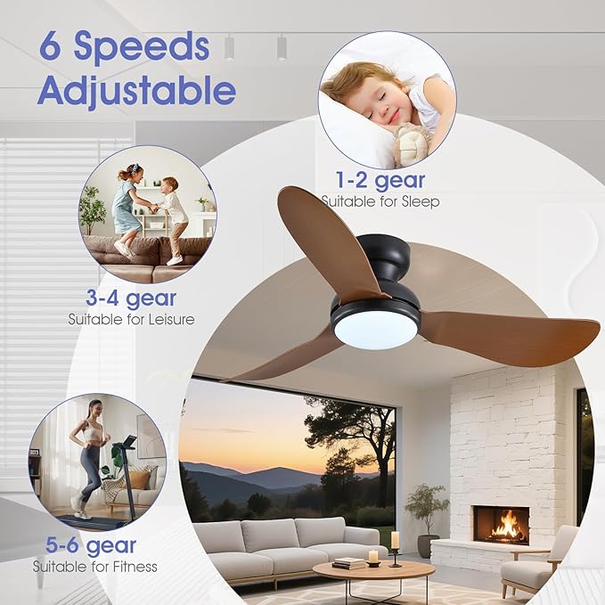 46 Inch Modern Ceiling Fans with Lights, Flush Mount Ceiling Fan, Remote/APP Control, 3 Reversible Curved Blades, 6 Speeds, 3 CCT Dimmable LED Lights for Living Room Bedroom, Brown