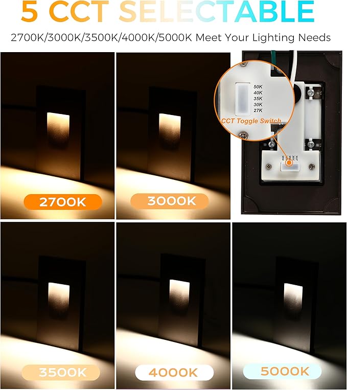 CLOUDY BAY 120V Dimmable 5 Color LED Indoor Outdoor Step Light,2700K/3000K/3500K/4000K/5000K 3W 35lm,Stair Lights,Black,6 Pack