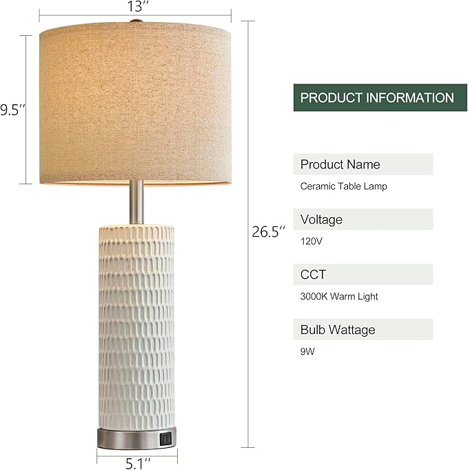 26.5" White Lamps for Bedroom Set of 2, Modern Table Lamps for Living Room with USB C+A Ports, Touch Lamps for Nightstand, Oatmeal Shade