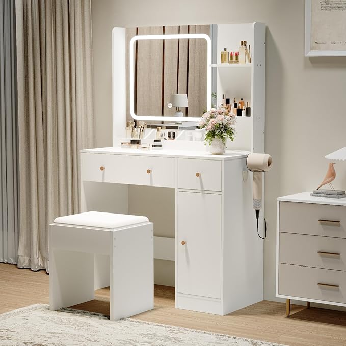 Vanity Desk with Mirror and Lights,Power Outlet,Makeup Vanity Table Set with Storage Drawers Shelves Cabinet& Chair,3 Lighting Modes & Adjustable Brightness,Dressing Table for Bedroom