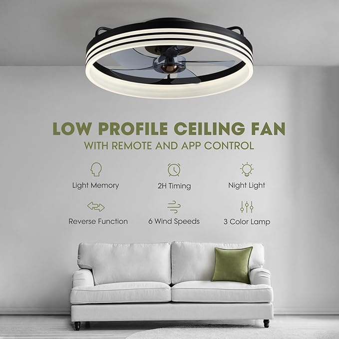 Ceiling Fan with Light, Flush Mounted Ceiling Fan with Lights, 6 Wind Speeds Smart Low Profile Fan for Bedroom, Kids Room and Living Room 20" (Black)
