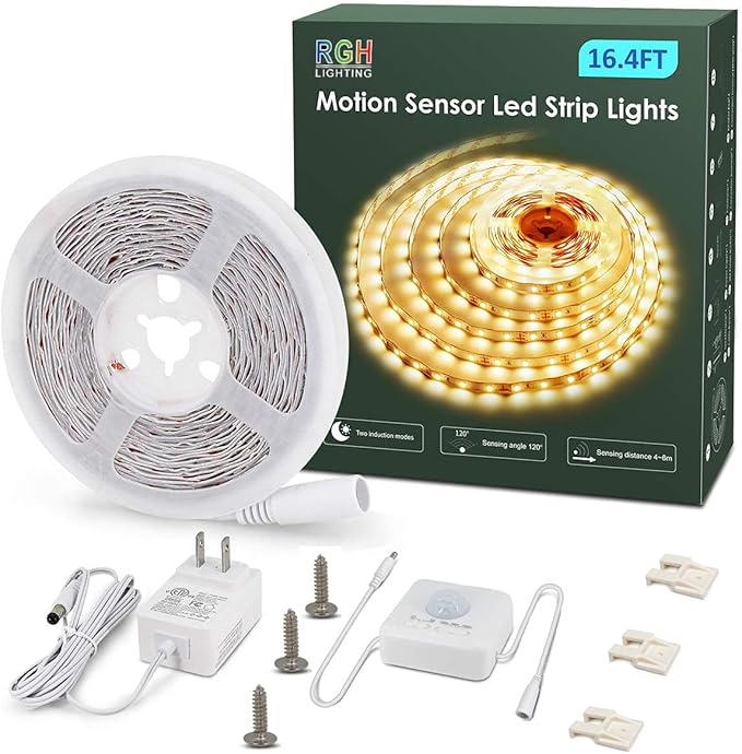 Motion Activated LED Strip Lights,RGH LIGHTING 16.4ft LED Light Strip with Day or Night 2 Lighting Modes,3 Timing Off Modes,Cozy Warm White 12v Plug-in LED Rope Lights for Under Cabinet,Kitchen,Stair