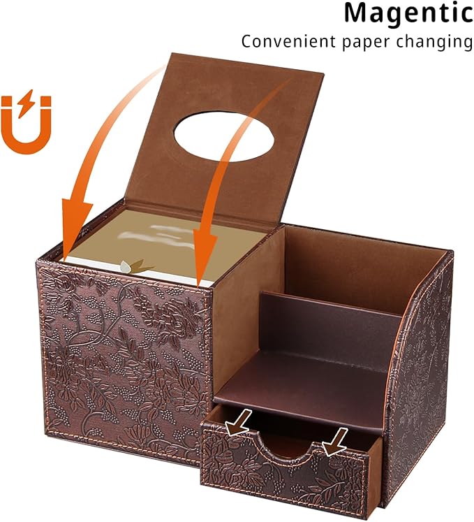 Nightstand Organizer with Tissue Holder,PU Leather Square Tissue Box Cover,Modern Facial Paper Organizer Storage Box for Remote Control,Bathroom,Vanity Countertop,End Table Home Office