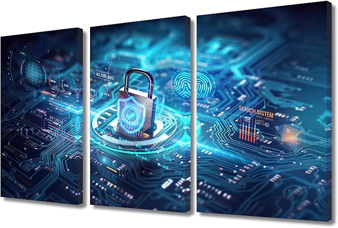 TUMOVO 3 Panels Canvas Print Art Motherboard Closeup and Safety Lock with Login and Connecting Verified Credentials Pictures Poster, Modern Art for Living Room Decoration Ready to Hang, 36" Wx24 H