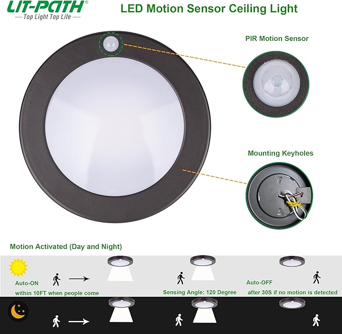 LIT-PaTH LED Flush Mount Ceiling Light, Closet Lighting Fixture with Motion Sensor, 10.5W, 700 Lumen, 6.2 Inch, Anti-Rust Galvanized Housing, Bronze Finish 5000K 2-Pack