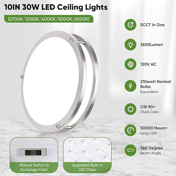 10 Inch LED Flush Mount Ceiling Light, Brushed Nickle Kitchen Lighting Fixture with 2700K/3000K/4000K/5000K/6500K 5 Color Adjusted, Dimmable Modern Round LED Light for Bedroom Living Room, 1-Pack