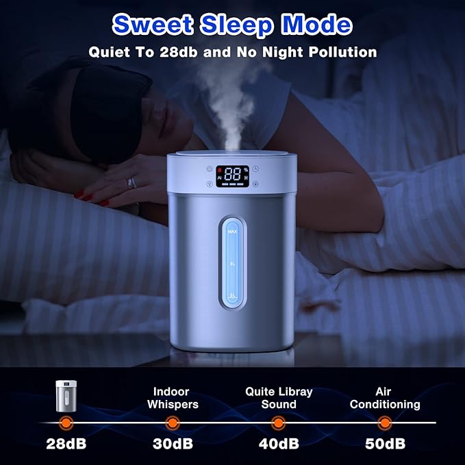 Stainless Steel Humidifier for Bedroom & Large Room,4L Easy to Clean Cool Mist Humidifier, Mold Free & Dishwasher Safe Water Tank, Essential Oil Diffuser for Baby Nursery, Plants, Home