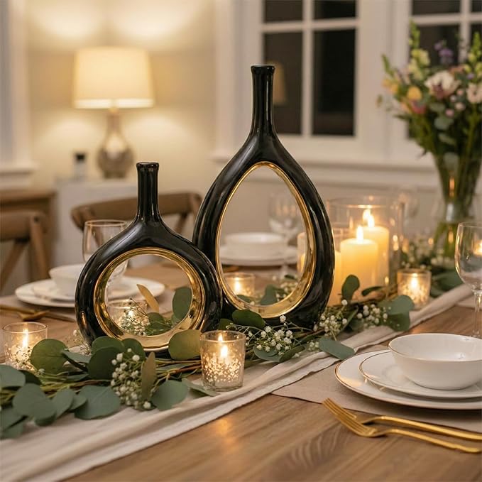 Black and Gold Vase Ceramic Black Vases Home Decor,Modern Minimalist Circle with Hole Decorative Vase, Hollow Ellipse Flower vases for Bookshelf, Fireplace Mantle, Centerpieces,Farmhouse,Rustic Décor