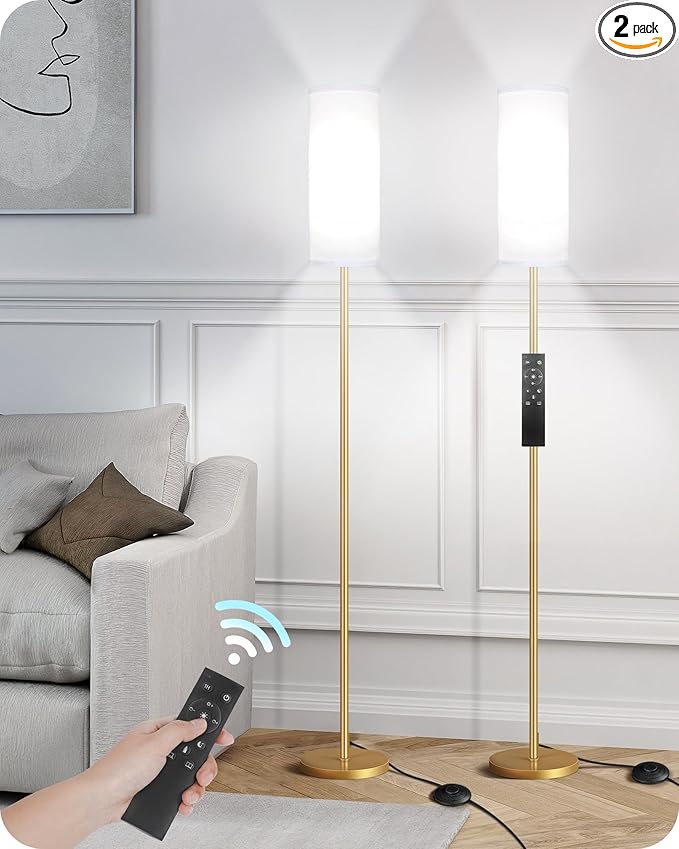 Set of 2 Dimmable Floor Lamps for Living Room with 2 Remotes and Foot Switch, 64.4”Modern Standing Lamp, Corner Lamp for Bedroom, Bulb Included, 3000K-6500K, White and Gold DCW06LDP205W1
