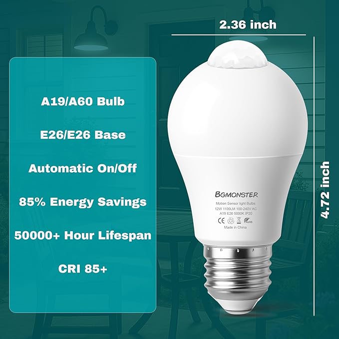 6-Pack Motion Sensor Light Bulbs, 12W(100W Equivalent), Movement Security LED Bulb(Energy Efficient) Indoor/Outdoor, Motion Activated Dusk to Dawn Bulb for Porch, Garage, Basement, Hallway, Stairs