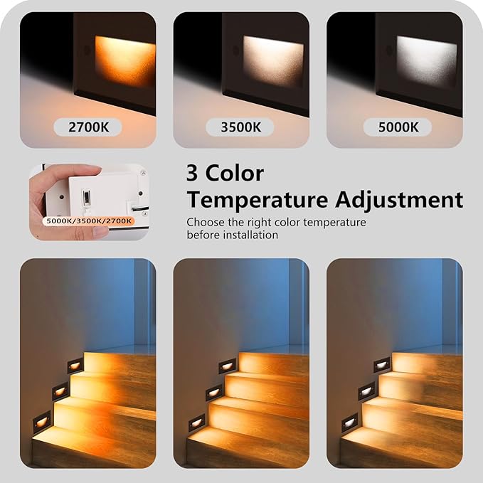 120V Dimmable 3CCT Step Lights,Stair Outdoor,Zinc Alloy/Aluminum Cover, 2.5W 150LM IP65 Waterproof LED Stair Lights, 2700K/3500K/5000K, CRI90, Beam Angle 30°, Brown 6/Pack (Brown)