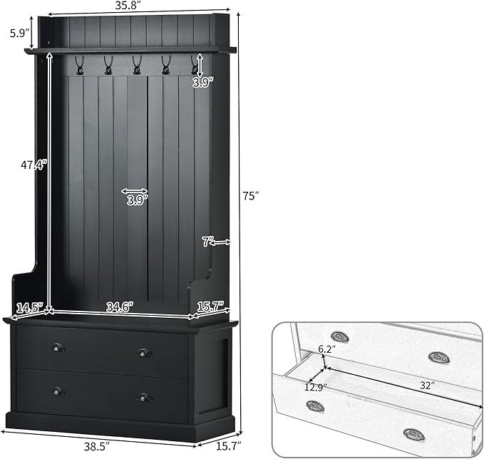 Retro 38.5" Wide Hallway Hall Tree with Coat Rack and 2 Large Drawers,Bench,5 Metal Hooks and Metal Handles,For Entrance Furniture Use Black#c
