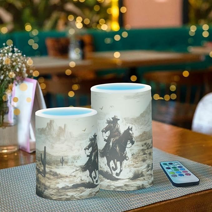 YETTASBIN Western Desert Cowboy Flameless Candles with Remote Control and Timer, Adjustable Brightness Long Lasting Battery Operated LED Pillar Candles for Indoor Outdoor Party Home Decor, 2 Pack