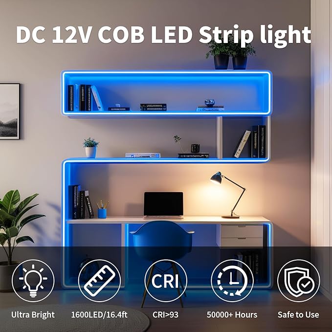 16.4FT/5m Blue COB LED Strip Light, Cuttable LED Tape Lights, 8mm Width LED Lights, CRI93+ Dimmable Flexible Light Strip for Bedroom TV Backlight Gaming Room Monitor DIY Decor(with Plug)