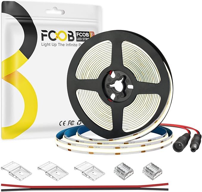 COB LED Strip Ligth 16.4FT DC12V 4000K Natrual White Flexible High Density Uniform Bright COB Strips 480LEDs/m Dimmable LED Light for DIY Kitchen Bedroom Home Decor, No Power/Controller