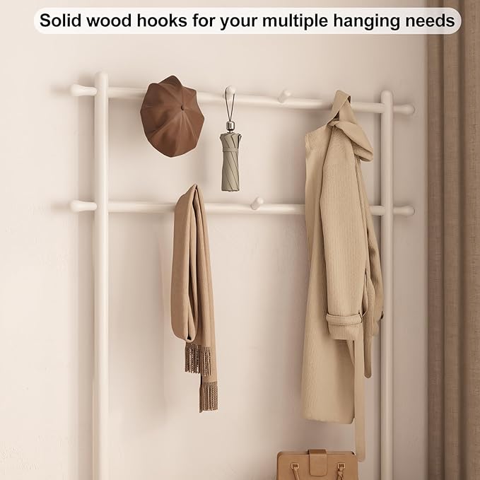 AQIMUELE Coat Rack with Shoe Storage, Wooden Hall Tree with Bench, 11 Hooks and 2-Tier Storage Shelves, 3-in-1, Entryway Bench with Coat Rack (39.3"-Deep White)