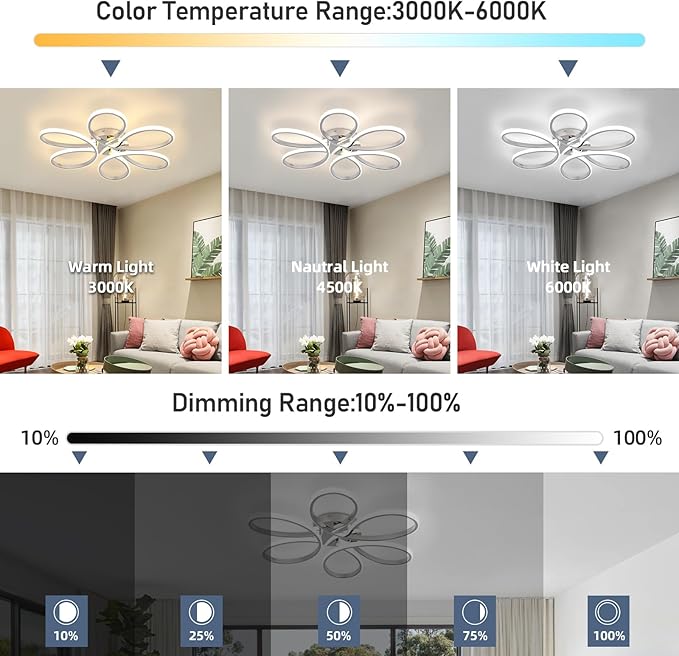26inch Modern LED Ceiling Light, 6 Rings Flower Flush Mount Light Fixture with Remote Control Chrome Dimmable Ceiling Lamp for Living Room, Bedroom, Dining Room, Hallway, Kitchen