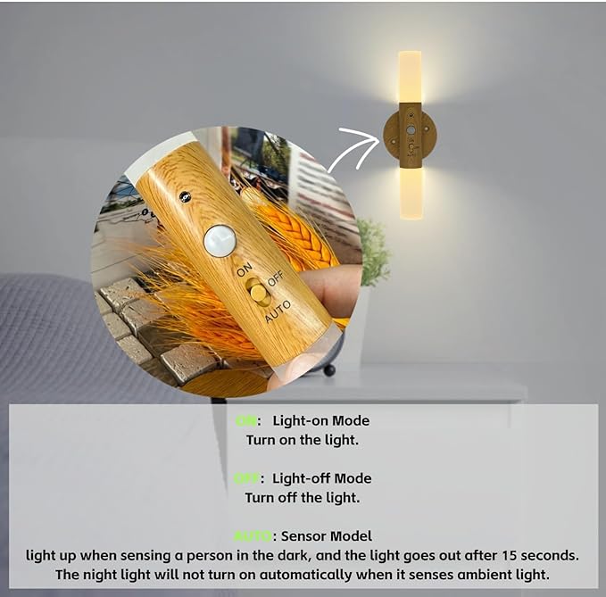 Motion Sensor Wall Mounted Lights,Wall Sconces Lamp Magnetic Wooden LED Wall Sconce for Bedroom Corridor Staircase Cabinet,2 Pack