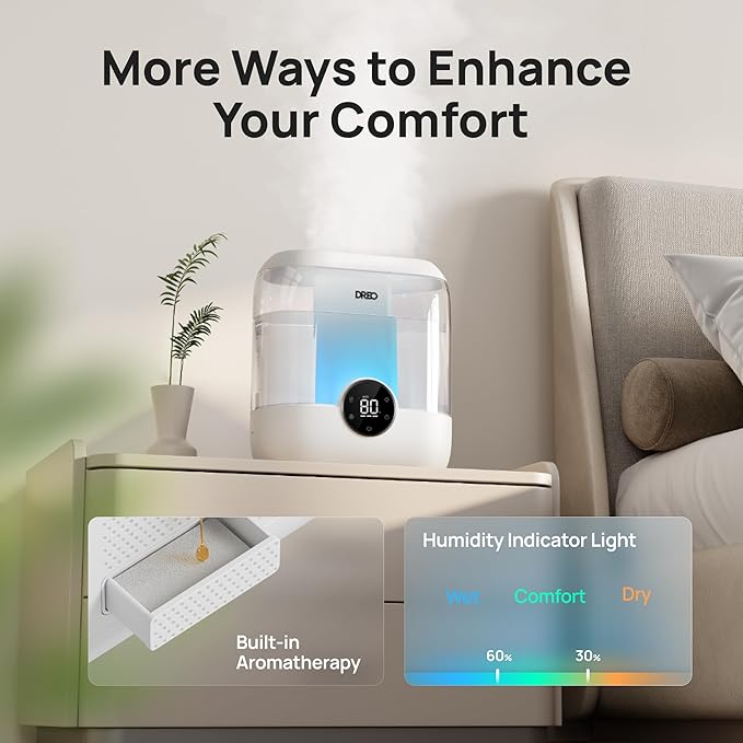 DREO Humidifiers for Bedroom, 6L Easy to Fill & Clean, 60H Runtime for Large room, 28 dB Quiet Cool Mist Air Humidifier for Plant, Baby Nursery, Home, Indoor, Night Light, Precise Humidity Control