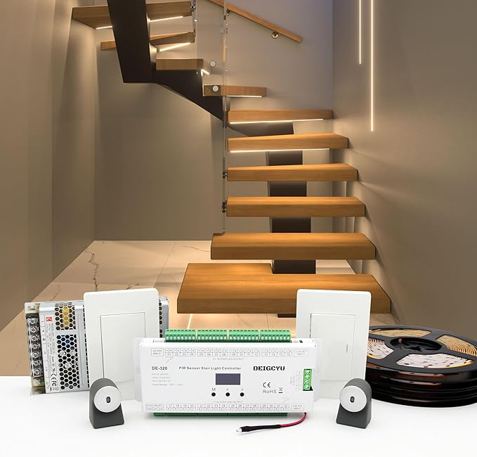 Motion-Activated LED Stair Lighting Kit DE-320, 42" Cuttable Strip Light for Indoor Floating Mono Stringer & Cantilever Stairs (Warm White 3000K,14 Steps)