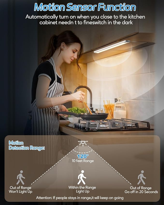 HIBOITEC Under Cabinet Lights - Motion Sensor, 3 Color Temperatures Wireless Rechargeable Night Lights, Dimmable for Kitchen, Wardrobe, Closets, Cupboard