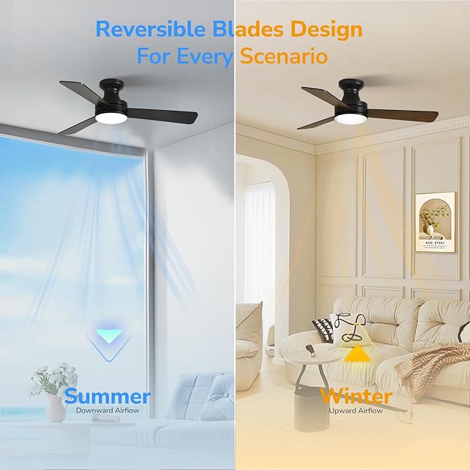 Orison Smart Ceiling Fans with Lights – 42" Low Profile Flush Mount, RGB Backlight & Dimmable LED, Alexa & Google Compatible, 6-Speed Reversible, App & Remote Control, Quiet & Energy Saving, Black