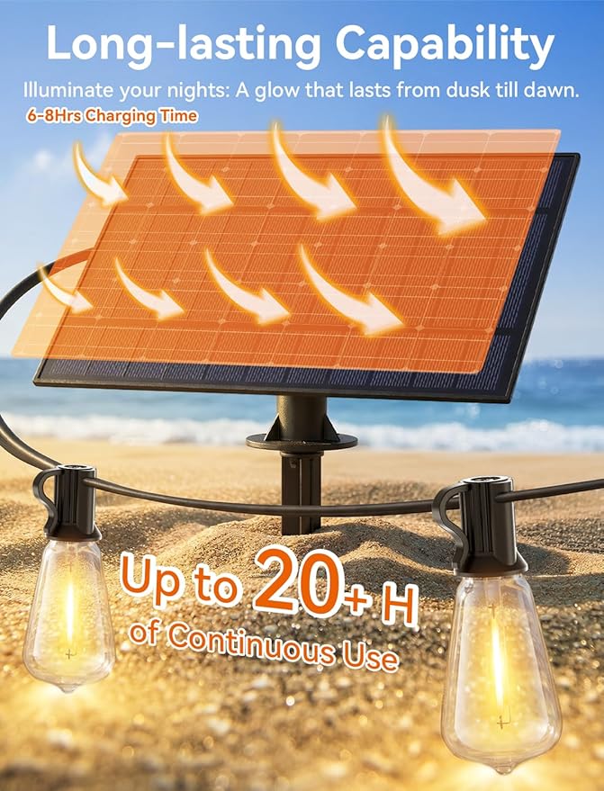 Brightever 120FT Solar String Lights Outdoor Waterproof, Patio Lights Solar Powered with Remote, 50+2 Shatterproof ST38 LED Bulbs, Dimmable&3 Lighting Modes, Hanging Outdoor Lights for Outside, Party