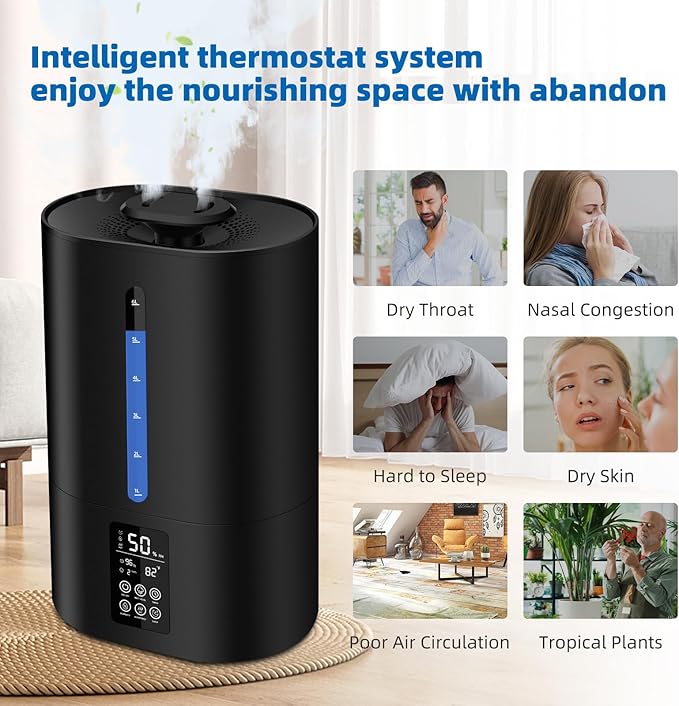 6L Humidifiers for Bedroom Large Room Home, Cool and Warm Humidifier for Plants Mist Top Fill Desk Humidifiers Essential Oil Diffuser, Quiet Humidifier with Adjustable Mist,360°Nozzle-Midnight Black