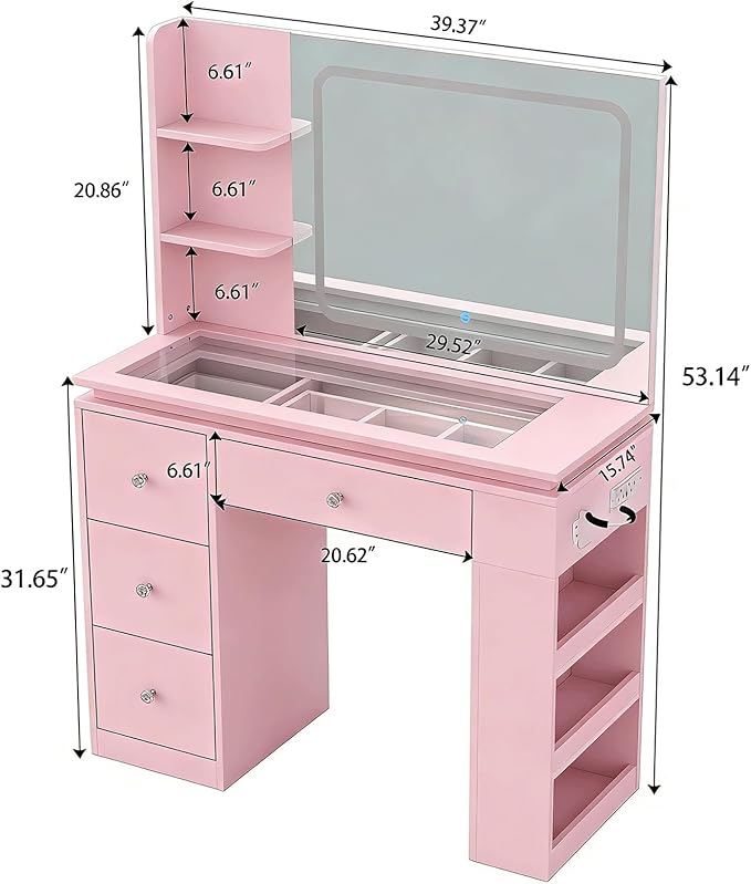 Pink Vanity Desk with Illuminated Mirror & Power Outlet, Bedroom Dresser LED Mirror Stepless Dimmable & 3 Color Modes Adjustable RGB Drawers, for Women Girls Bedroom（Pure Pink