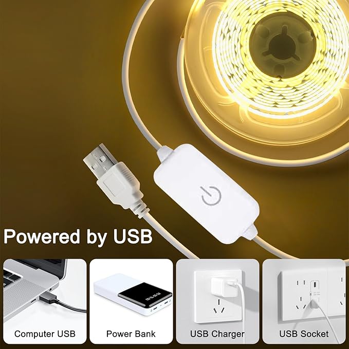 COB Led Strip Light, TV Led Backlight, 3.28ft USB Flexible, Cuttable, Dimmable with Tape Strip Lights Great for Cabinets, Closet, Bedroom, Kitchen, Shelves etc Warm White 2 Pack