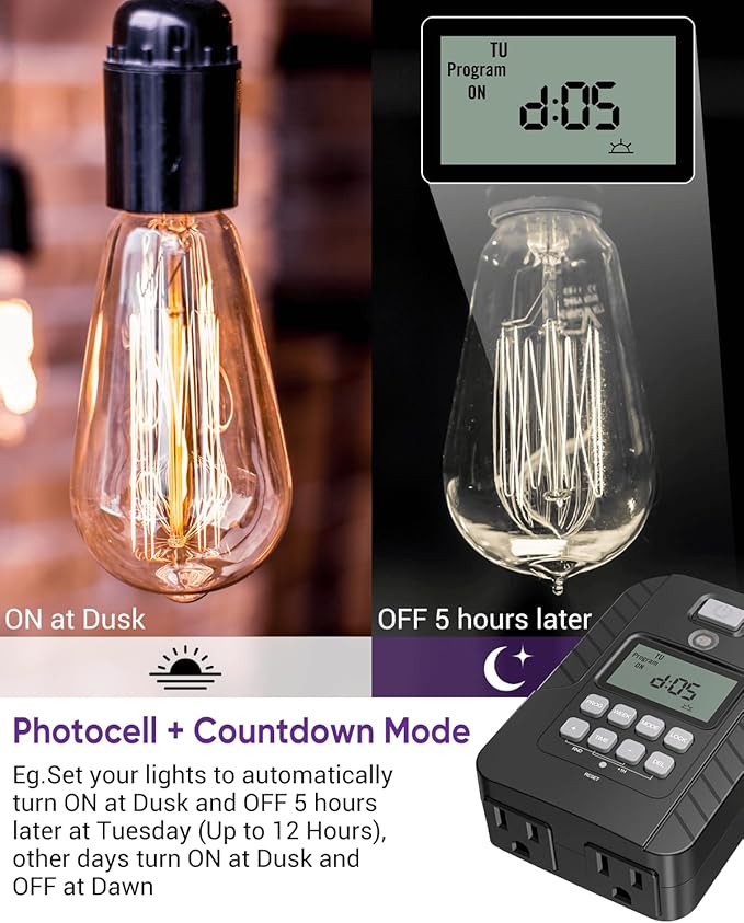 NEARPOW Outdoor Light Timer, Waterproof Digital Timer Outlet, Dusk to Dawn Countdown Timer Plug, 7 Day Programmable 24 Hours Electrical Timer, 2 Grounded Outside Timers for Christmas Lights, 15A 1/2HP