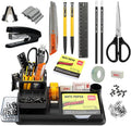 deli Black Office Supplies for Desk, 17Pcs Desk Organizers and Accessories with 4 Pens,Tape Dispenser,Stapler,Staples,Staple Remover,Pen Holder,Scissor,Ruler,Eraser,Note Pad,Cutter,Clips Set