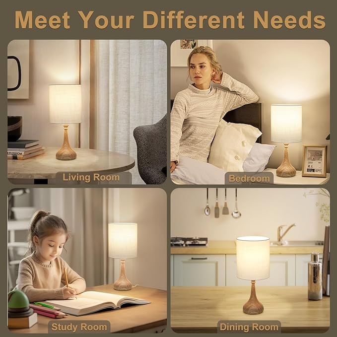 Boncoo Dimmable Small Table Lamp, Bedside Lamps Touch Control for Bedrooms Nightstand with Wood Grain Base, Desk Lamp Night Light for Office Living Room, 9W 3000K LED Bulb Included