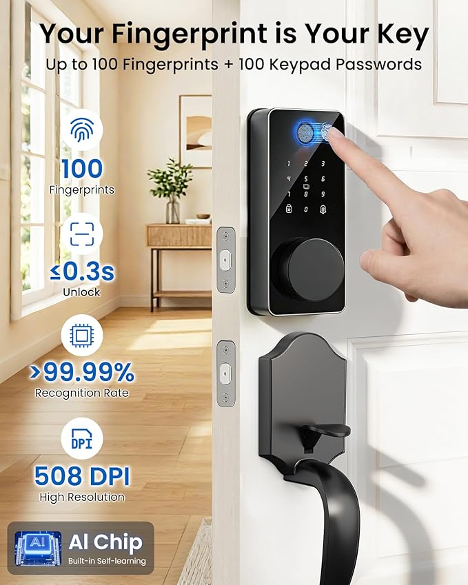 Smart Deadbolt Lock Set, Fingerprint 5-in-1 Keyless Entry Door Lock with Handle, Touchscreen Keypad, APP Control, Auto Lock, Easy Install for Front Door