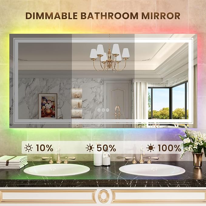 WTTY RGB LED Mirror for Bathroom,88"x38" Large LED Bathroom Mirror with Backlit and Front Light,Stepless Dimmable,Anti-Fog,Lighted Bathroom Vanity Mirror for Wall,Shatterproof,Memory Function