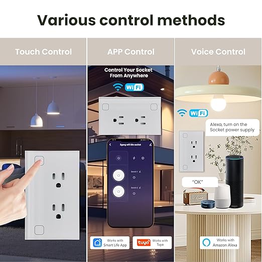 WiFi Smart Wall Outlet, Outlet Compatible with Alexa and Google Home, Smart Tuya Socket with Energy Monitoring and Timer, Dual Sockets2.4GHz WiFi Only, White 1 Pack