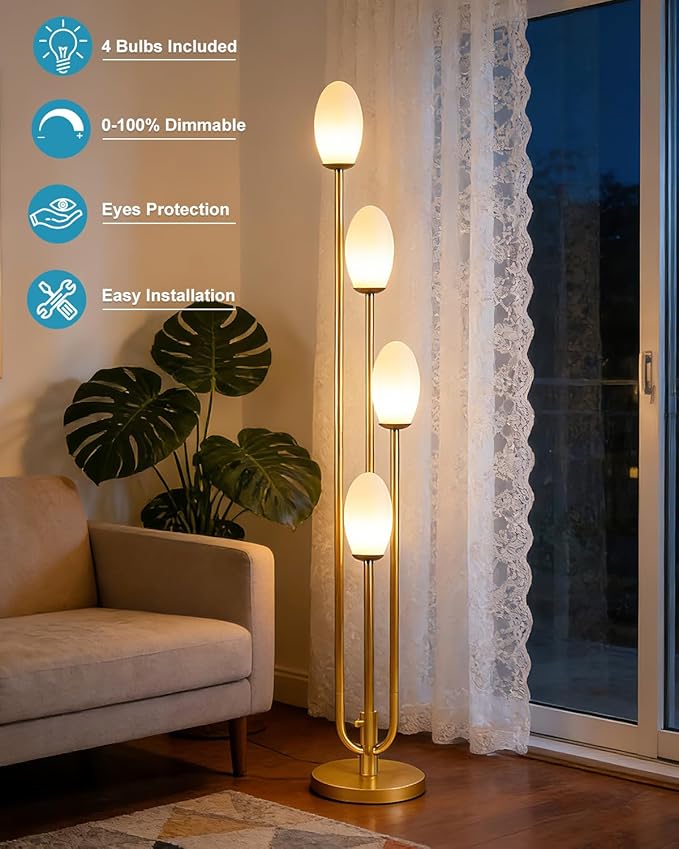 Lightdot Gold Floor Lamp 4-Lights Dimmable Floor Lamps with Oval Lampshade 3000K Bulbs Included Unique Modern Standing Tall Lamp for Living Room/Bedroom/Sofa Beside/Corner Decor