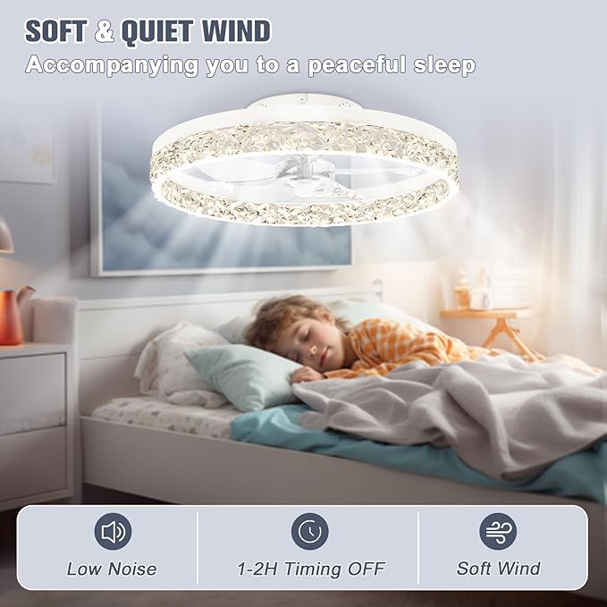 VOLISUN Modern Ceiling Fans with Lights and Remote, 19.7in Low Profile Ceiling Fan Flush Mount, 3000K-6500K Dimmable Bladeless LED Fan Light, White Fandelier Ceiling Fans with Lights for Bedroom