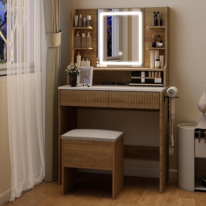 YOURLITE Fluted Makeup Vanity Desk with Mirror and Lights, 31.5" Small Vanity Table Set with LED Mirror & Stool, Dressing Table for Bedroom