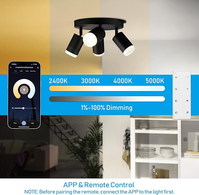 LEONLITE Smart LED Ceiling Spotlight Fixture, Dimmable Ceiling Spot Lights Indoor, CRI90, Work with 2.4GHz WiFi & Bluetooth, 4 Lights Flush Mount, APP Voice Control, 16 Million Colors, Black