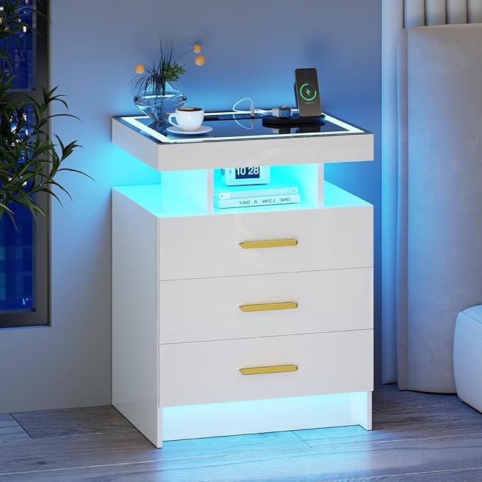 White Night Stand Set 2 with Wireless Charging Station,Smart Bedside Table with 3 Drawers,Modern Glass Top End Table with 3 Color Dimmable,LED Nightstand for Bedroom