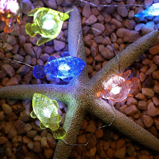 Tropical Fishes Decorative String Lights, 18.7 Ft 40 LED USB Plug-in Silver Copper Wire Beach Theme Fairy Lights for Indoor Outdoor Decoration Projects (Cool White, Remote Control with Timer)