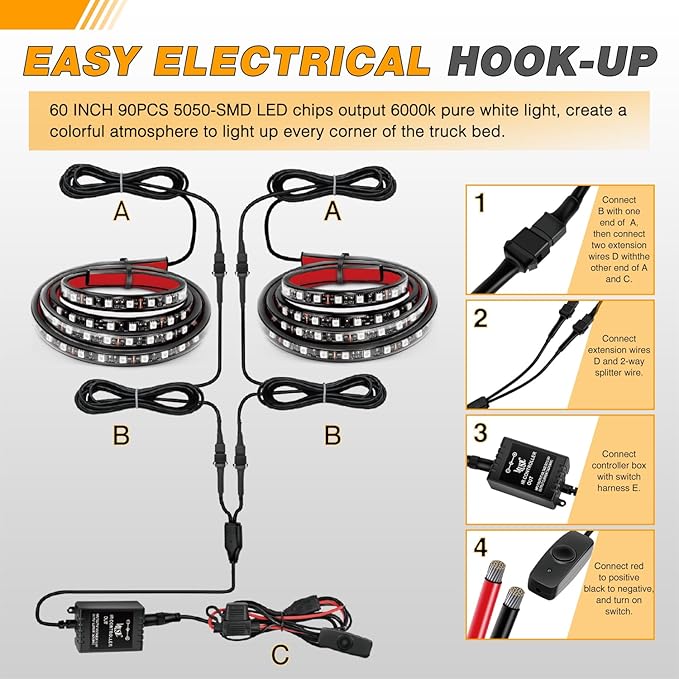 GOOACC RGB Truck Bed Light Strip 2PCS 60" 180 LEDs Neon Accent Lighting with RF Remote On/Off Switch Splitter Extension Cable for 12-Volt Car Cargo Pickup SUV RV Boat