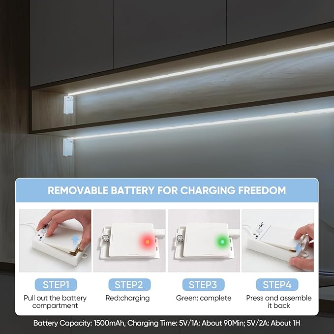 OMIKA COB Motion Sensor LED Strip Light, 6.56ft 640LEDs Closet Lights, Rechargeable Battery Operated Stair Strip Lights for Bed, Pantry, Shelves, Cabinet, Locker, 6000K Cool White, 2 Pack