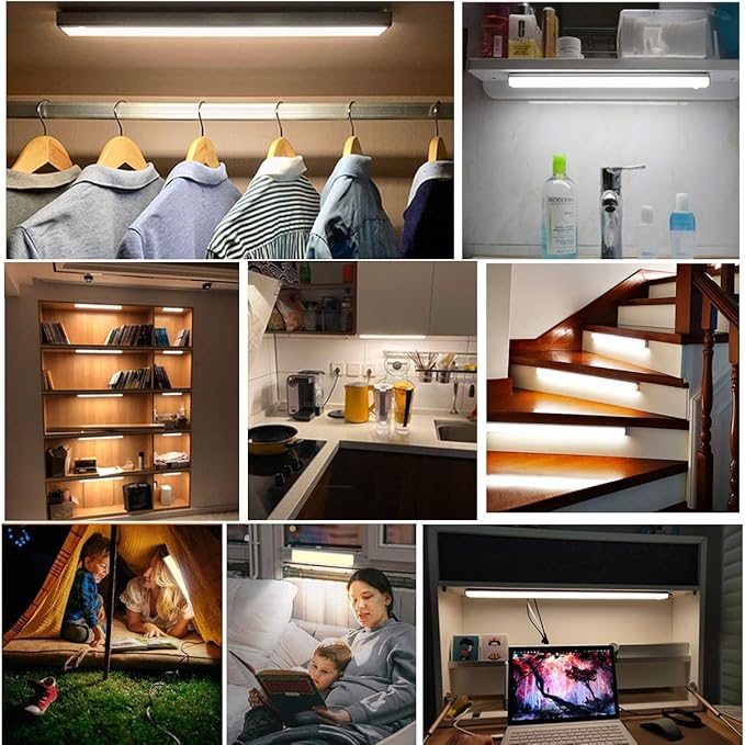 Closet Lights Motion Sensored Wireless Under Cabinet Lights Rechargeable Battery Operated LED Light Strip Bar Indoor Night Counter Lighting for Kitchen,Hallway,Wardrobe,Stairs,Pantry