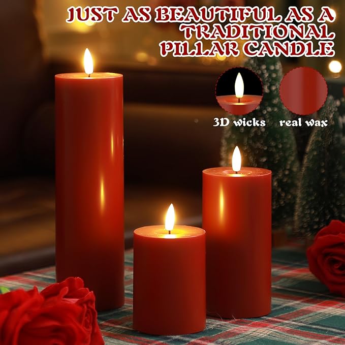 Retisee 3 Pcs Christmas Red Large Flameless LED Battery Operated Candles with Remote Xmas Pillar Flameless Flickering Candles for Indoor Outdoor Santa Party Wedding Light Decor(4''/6''/10'' x 3'')